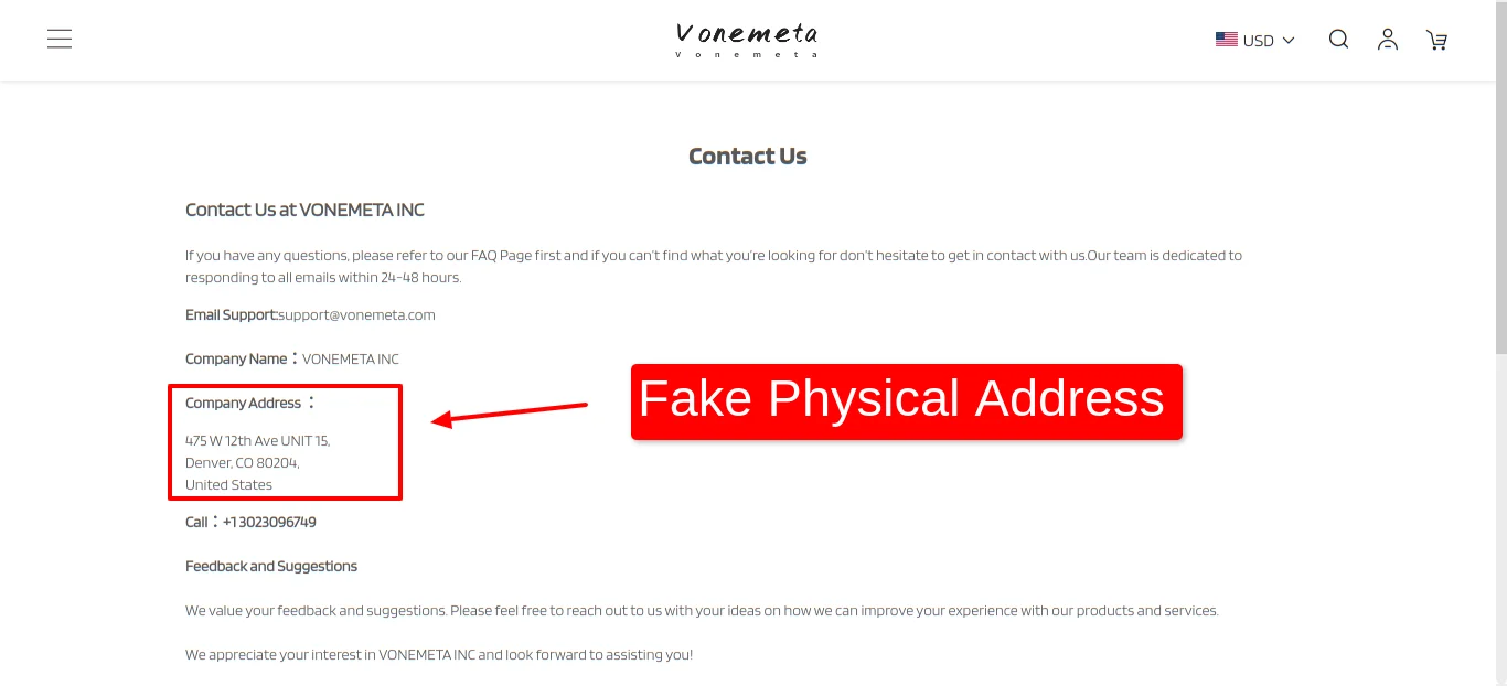 Vonemeta Com Page Custom Contact Us Fake Address