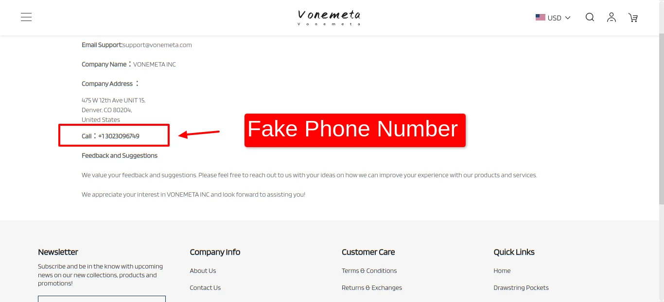 Vonemeta Com Page Custom Contact Us Fake Phone