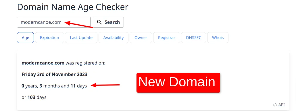 Domain Name Age Checker Moderncanoecom